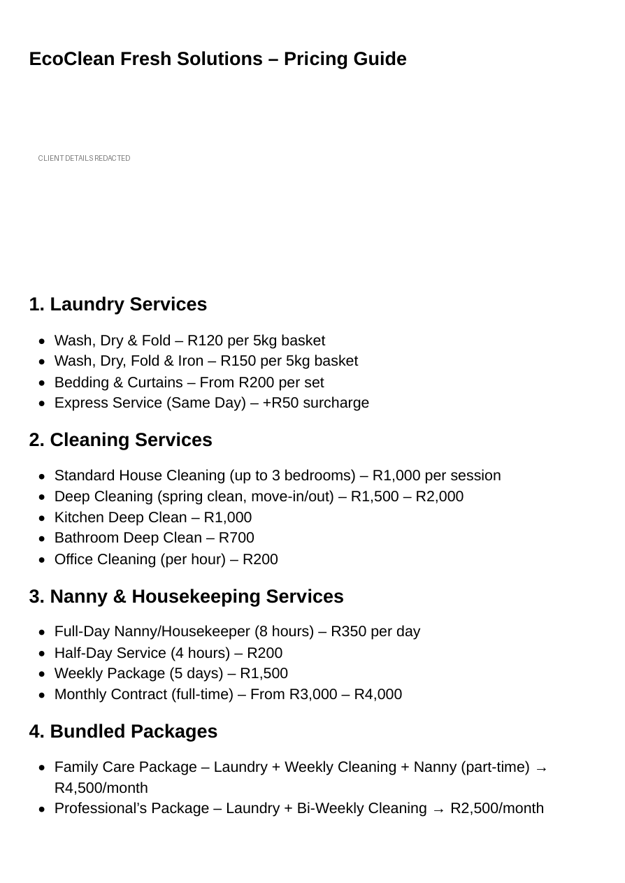 Anonymised Pricing Guide sample